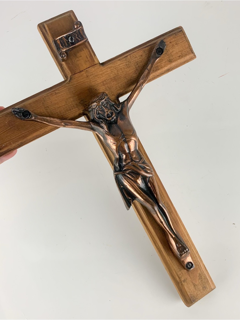 Large Vintage Metal Wood Wall Cross Crucifix Christianity MidCentury Iconography